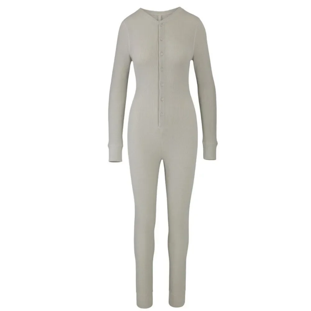 SKIMS Talc Waffle Knit Henley Front Thermal Onesie Sz L NWT